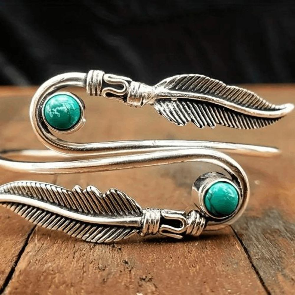 Boho Silver Turquoise Feather Open Bangle Arm Cuff Bracelet - Picture 2 of 4